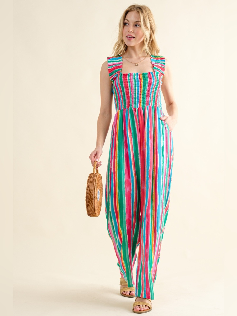And The Why Full Size Striped Smocked Sleeveless Jumpsuit